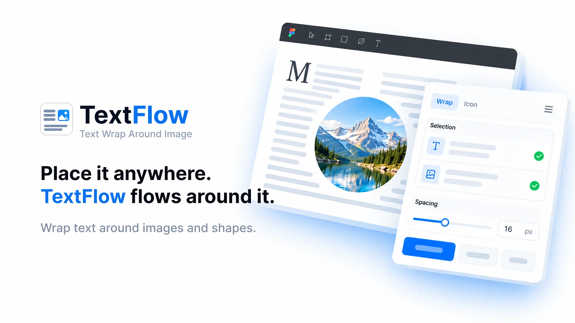 TextFlow Figma plugin wrapping text around a circular image, with the Wrap panel showing the selected text and image and a spacing control