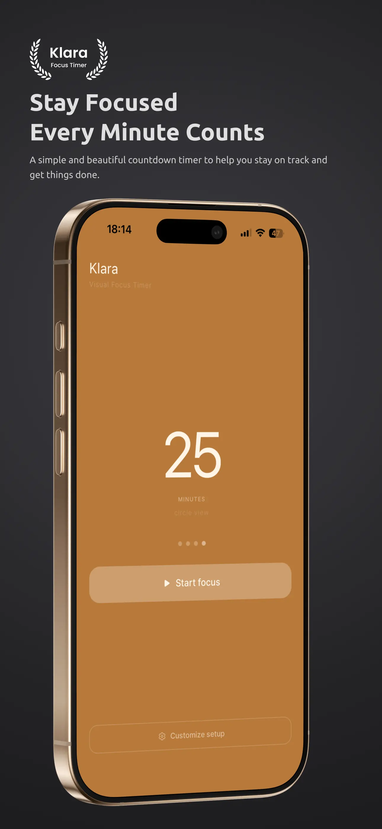 Klara Visual Focus Timer – Timer screen